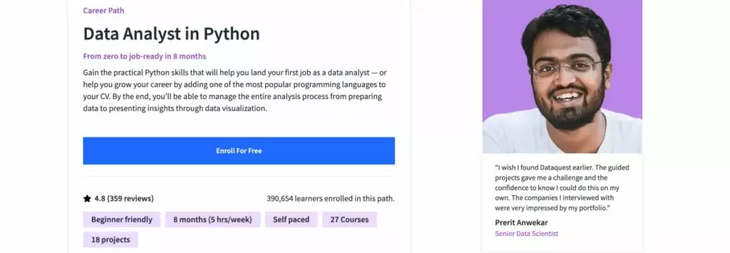 Dataquest Data Analyst Learning Path website homepage