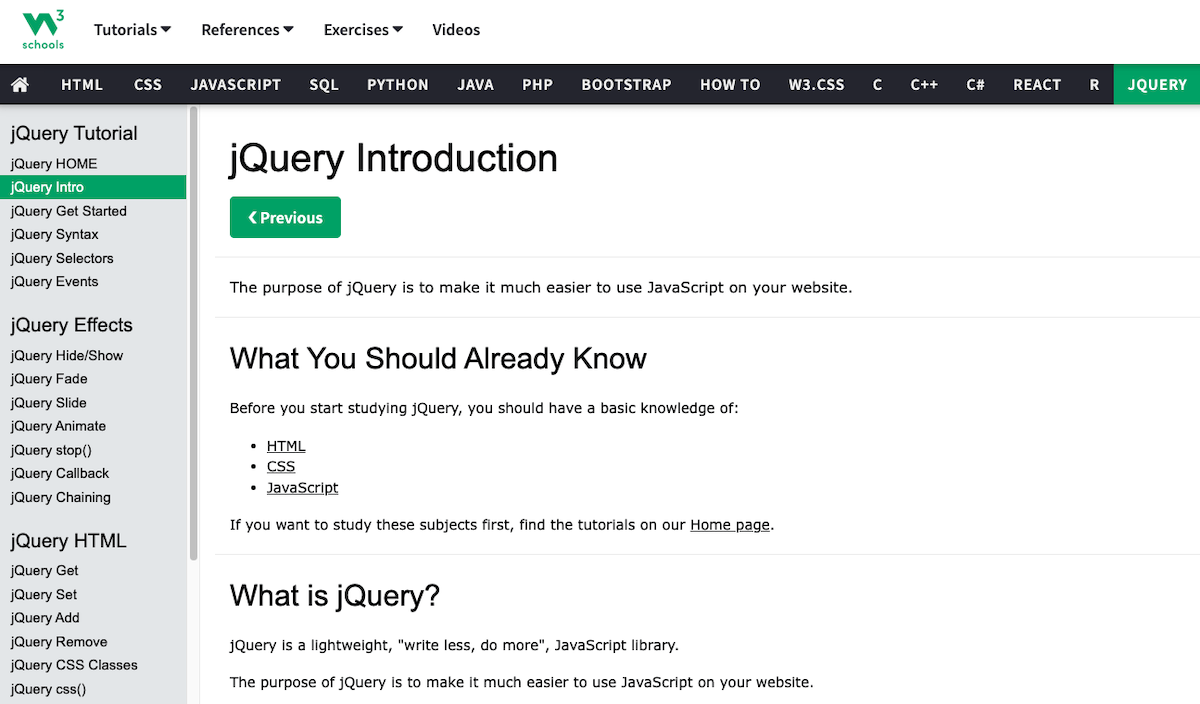 Screenshot from the W3Schools Jquery web development tutorial.