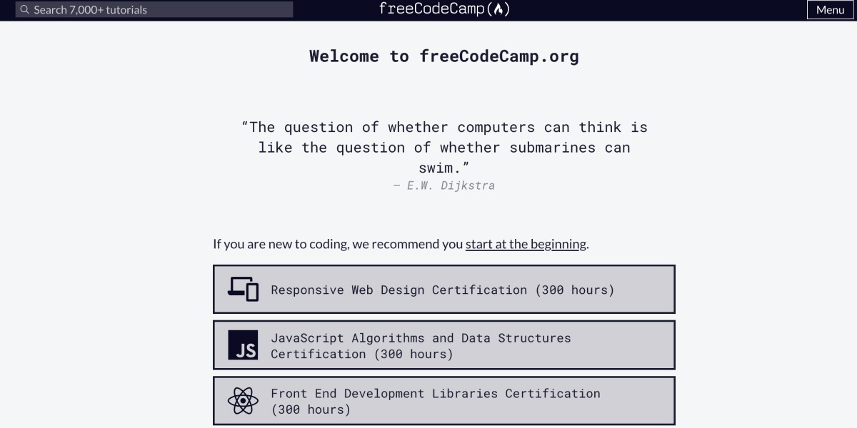 Overview of the FreeCodeCamp homepage, showing its web development tutorials