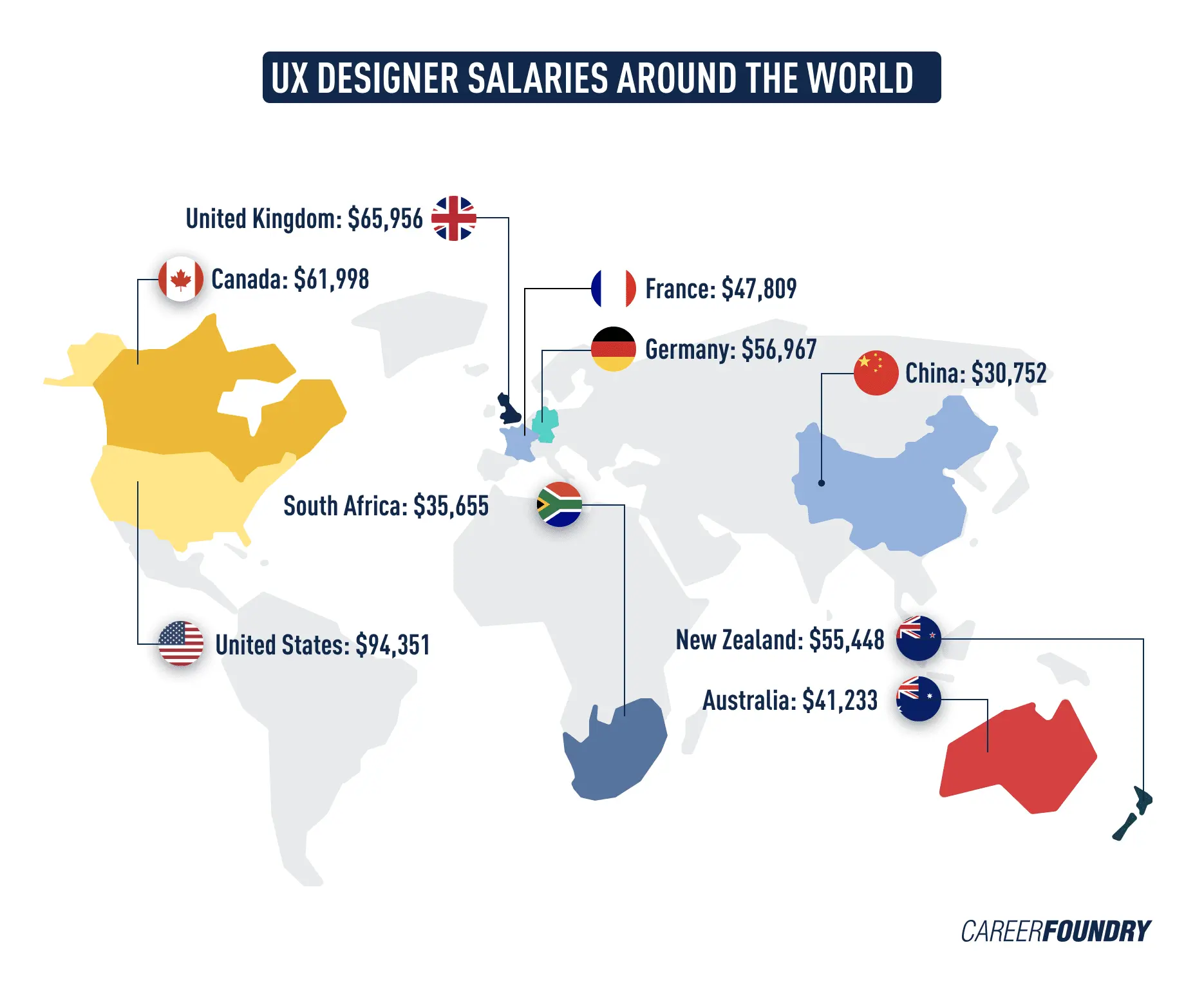 A world map listing the average UX designer salary in different locations