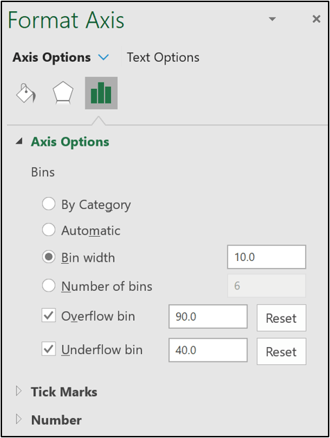 The format axis pane in Excel used to format the axis of a histogram