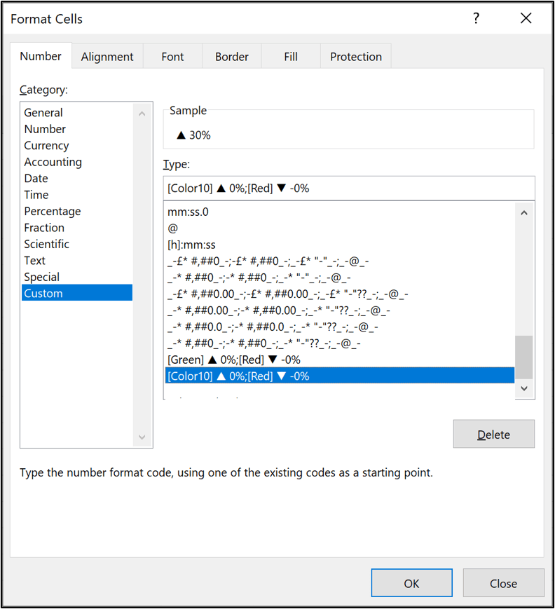 Specifying the color of the Delta symbol in Excel