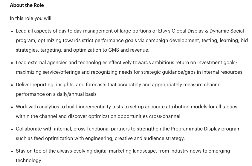 A performance marketing manager job ad posted on the Etsy website