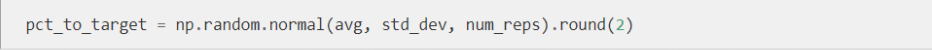 Screenshot of data analyst using NumPy to generate a list of percentages similar to our original normal distribution 