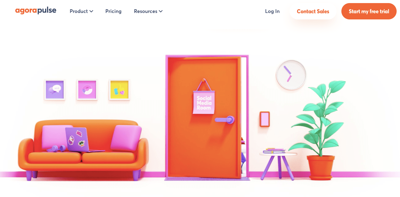 The website homepage for AgoraPulse, one of the most popular social media management tools