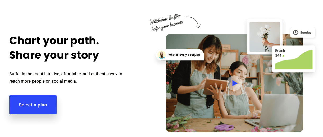 The Buffer website. Buffer is one of the most popular social media management tools.