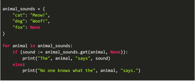 10 lines of Python 3.8 code showing the walrus operator on the seventh line.