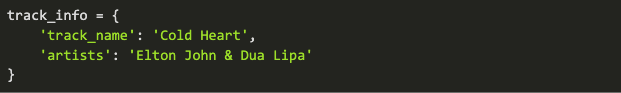 Python code showing track information for the song Cold Heart by Elton John and Dua Lipa.