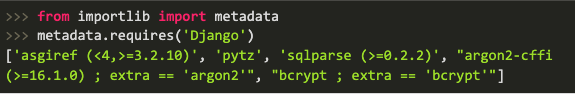 Code displaying how to use the requires feature to find out dependencies for any package that you may have installed.