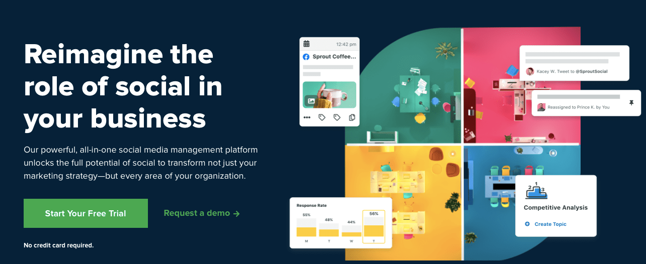 The website homepage for Sprout Social, a popular social media management tool