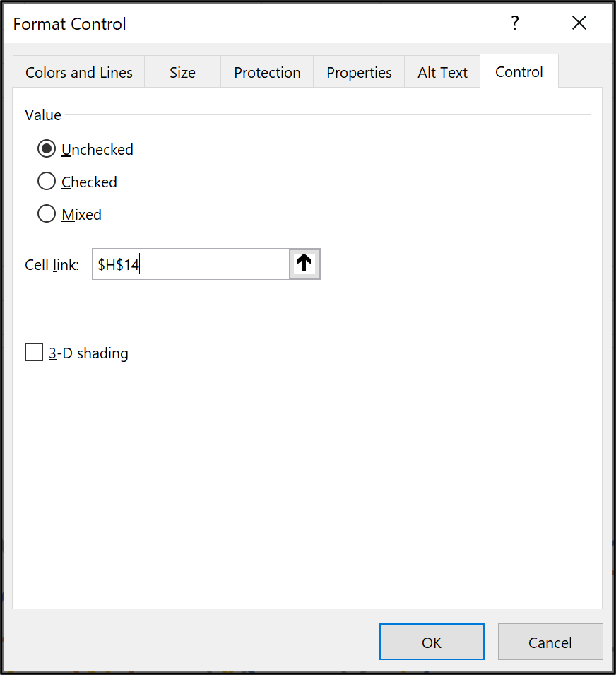 The cell link option in Microsoft Excel