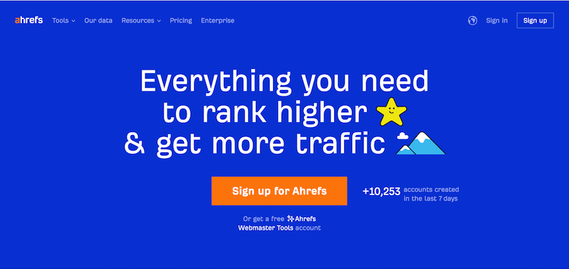 Homepage for Ahrefs, a popular on-page SEO tool