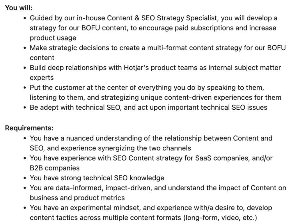 Part of a job description for an SEO-related job.