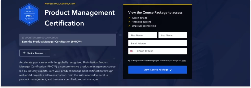 A screenshot from the BrainStation website showing the Product Management Certification course