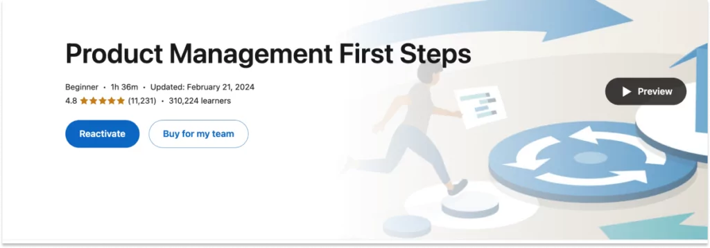 A screenshot showing the Product Management First Steps course offered by LinkedIn Learning