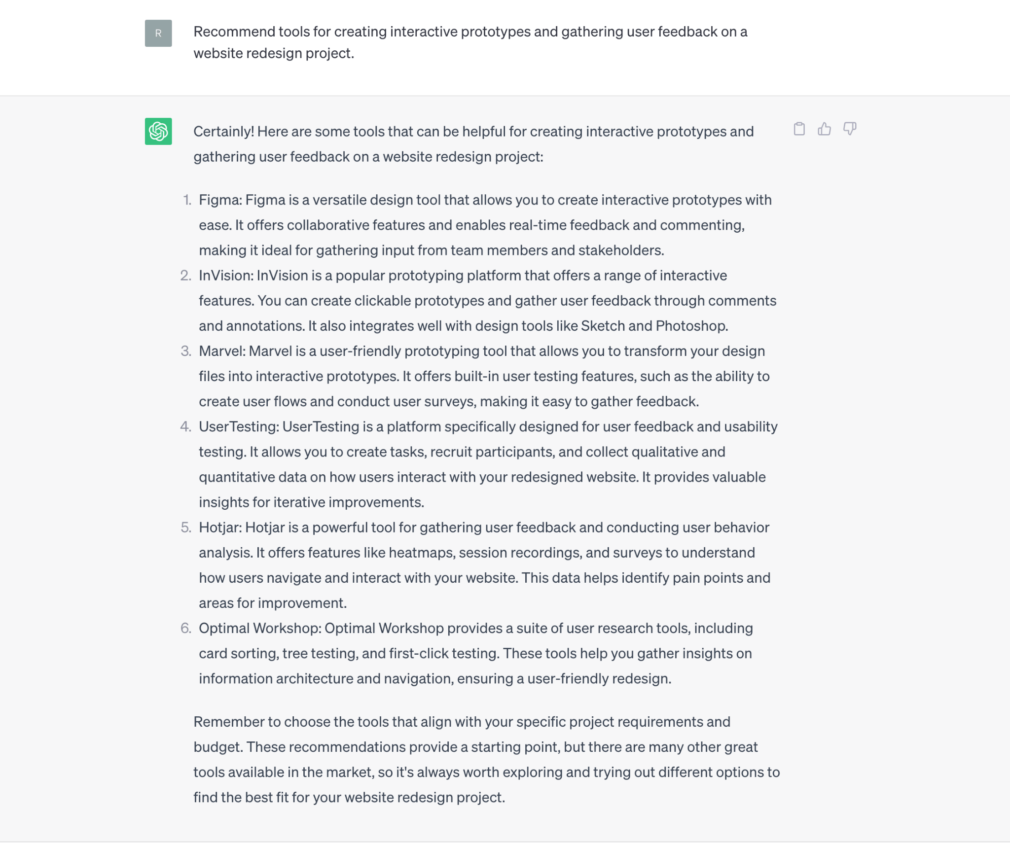 An example prompt of ChatGPT for UX design