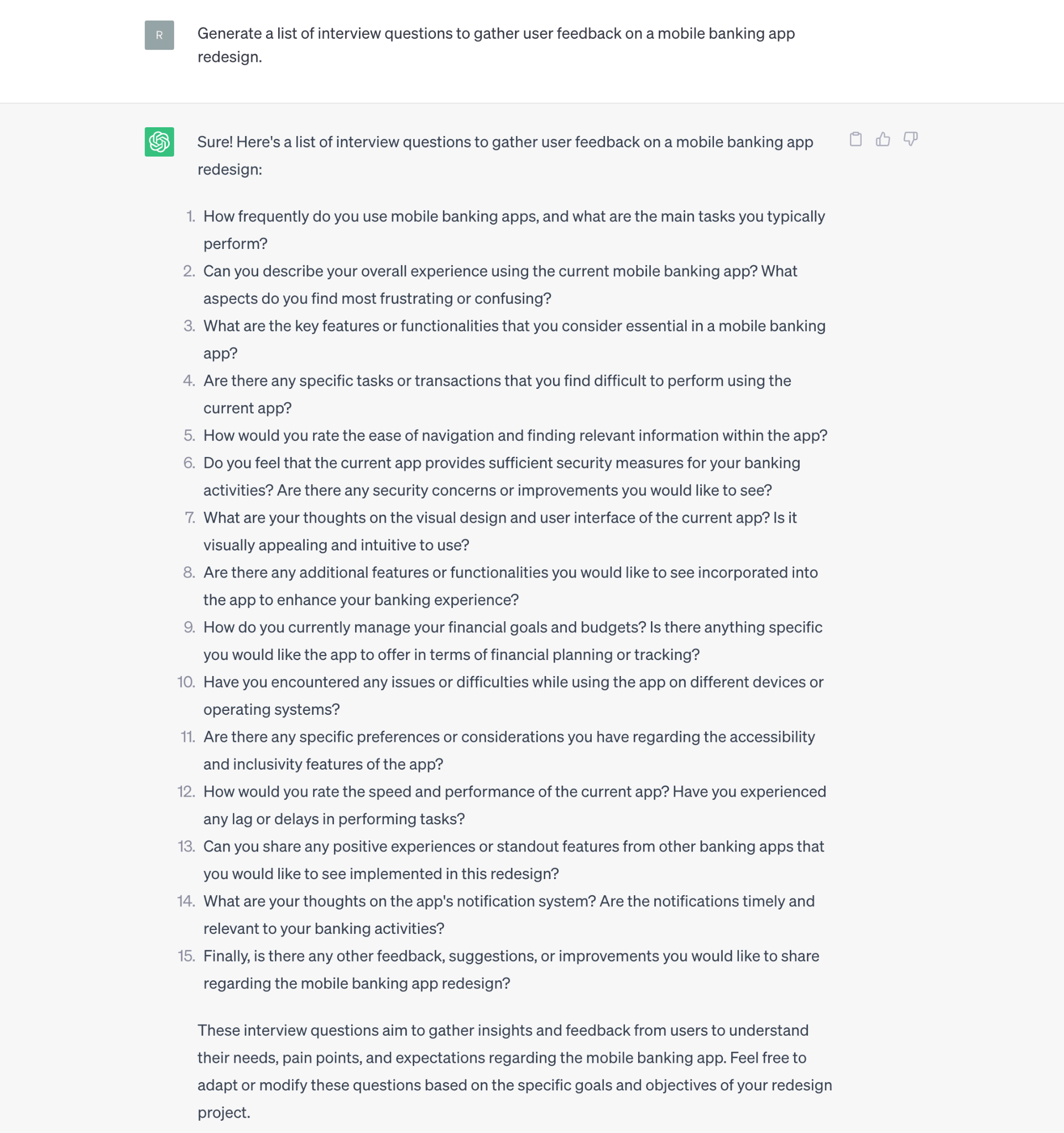 An example prompt of ChatGPT for UX design