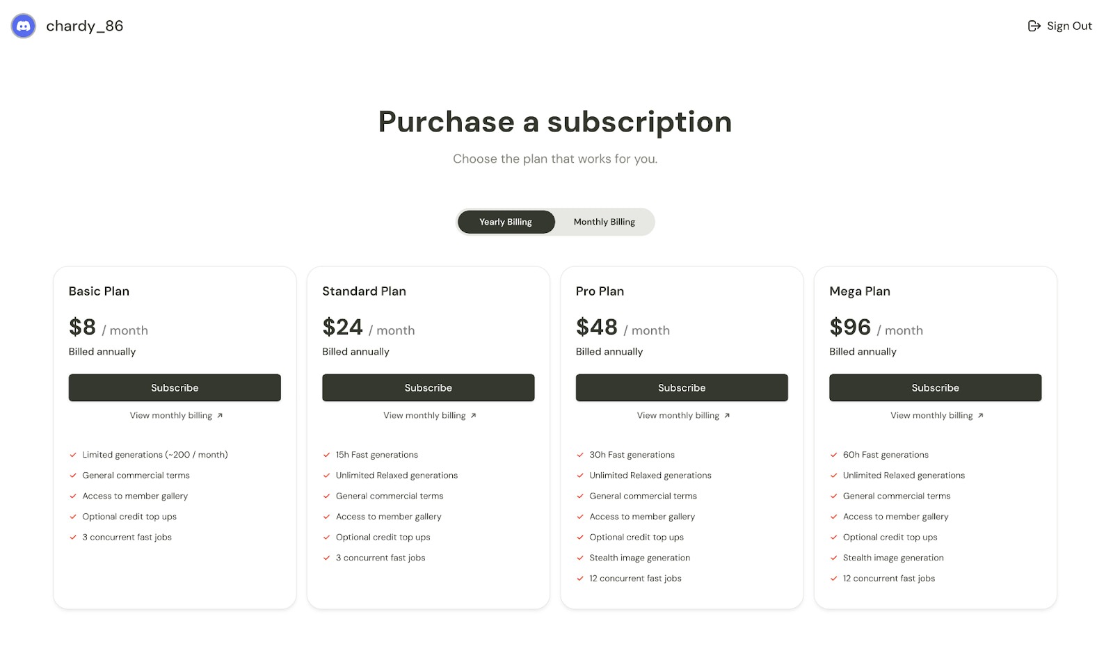 A screenshot of midjourney pricing