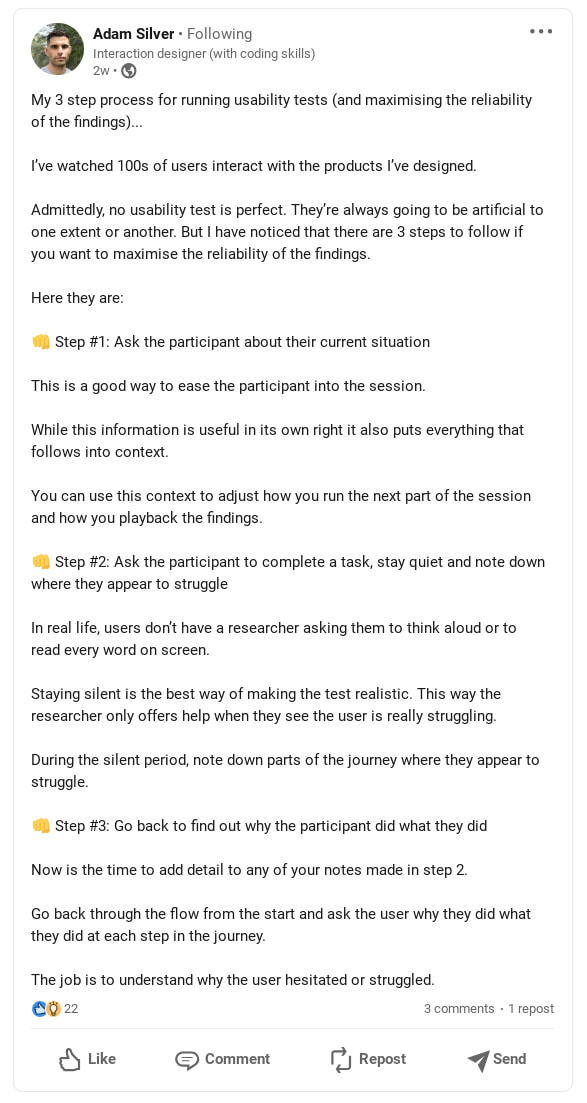 A screenshot of UX design expert Adam Silver's social media