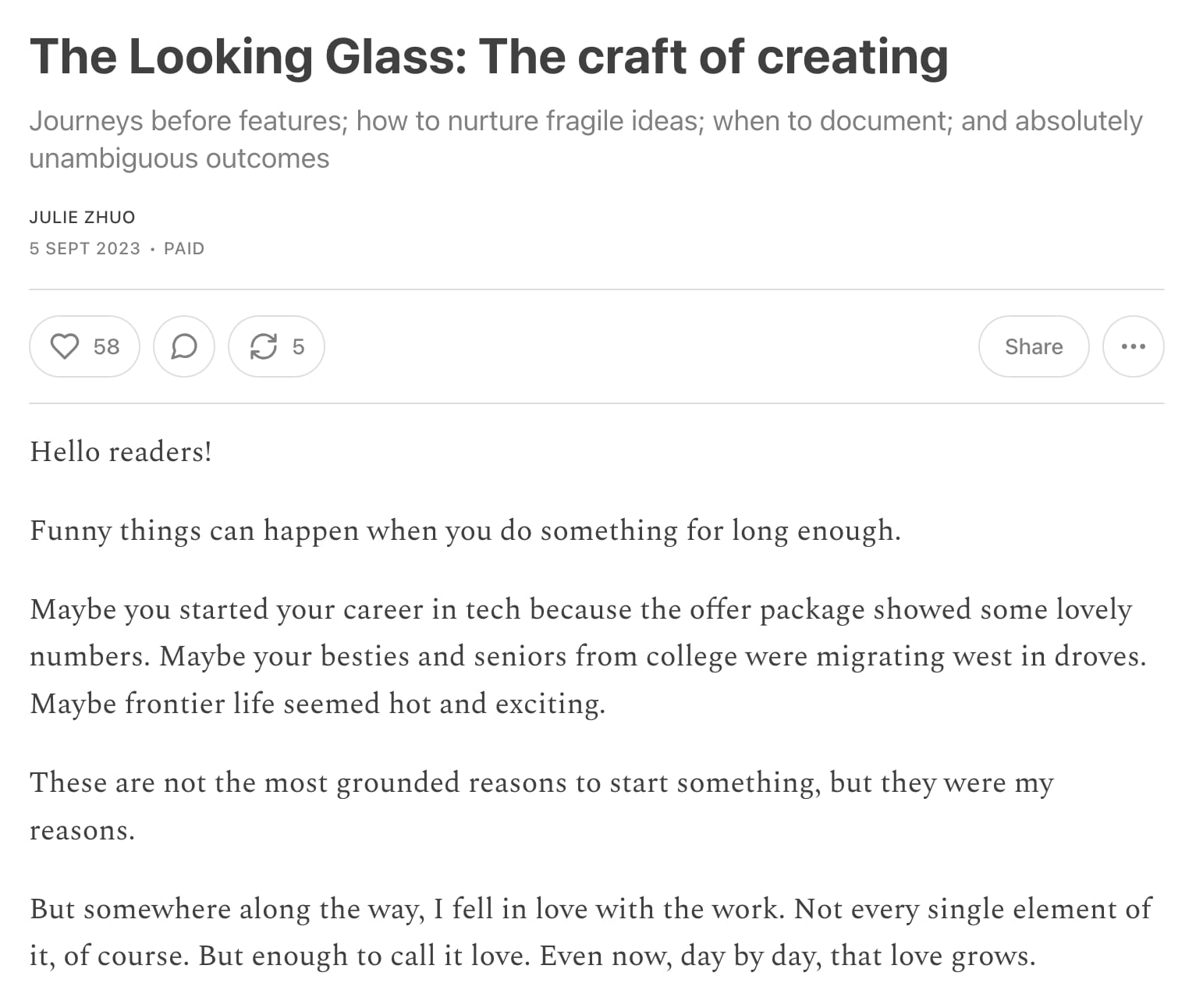 A screenshot of UX design expert Julie Zhuo's social media