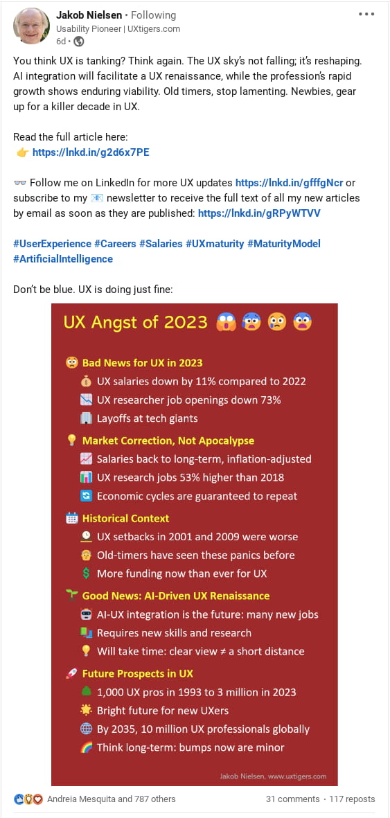 A screenshot of UX design expert Jakob Nielsen's social media