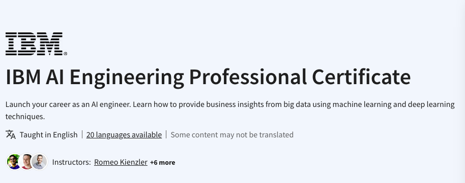 Screengrab of IBM AI Engineering certification website.