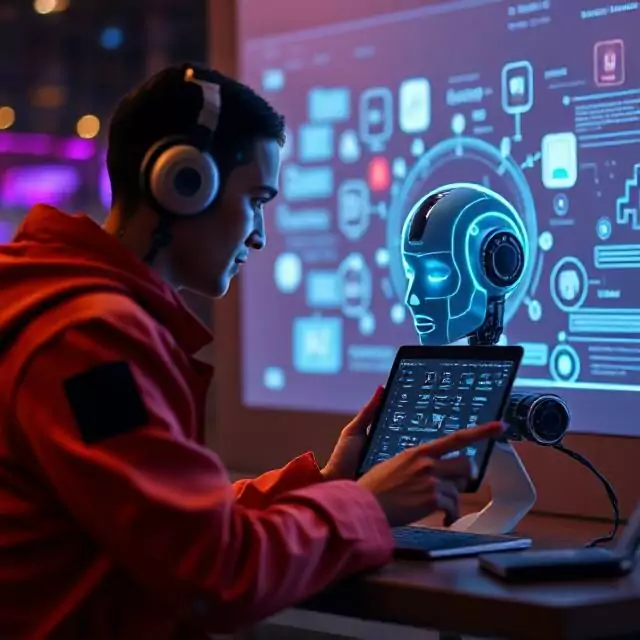 565b803f 2c15 48a4 adf1 be997854e727 Digital marketer using AI-powered tools on a tablet in a futuristic workspace, with data visualizations and a robotic assistant in the background—illustrating modern marketing roles and AI integration