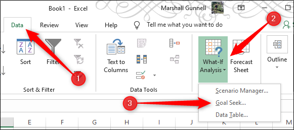 An annotated Excel worksheet showing the following steps: Click "data", select "What-if analysis" then select "Goal Seek" from the drop-down menu