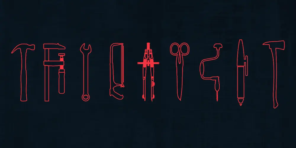 Outlines of tools in red, on a dark blue background