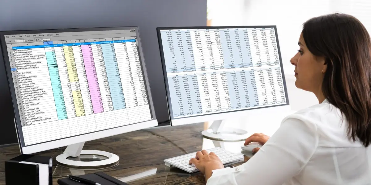 A data analyst with two desktop screens showing a database