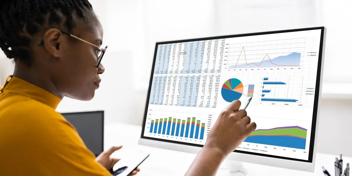 A data analyst looking at different types of data visualization on a computer screen