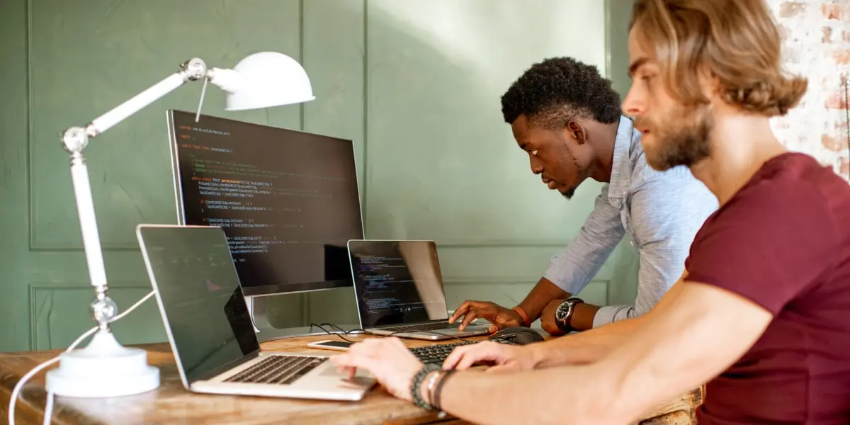 Two developers at screens looking at a programming library.