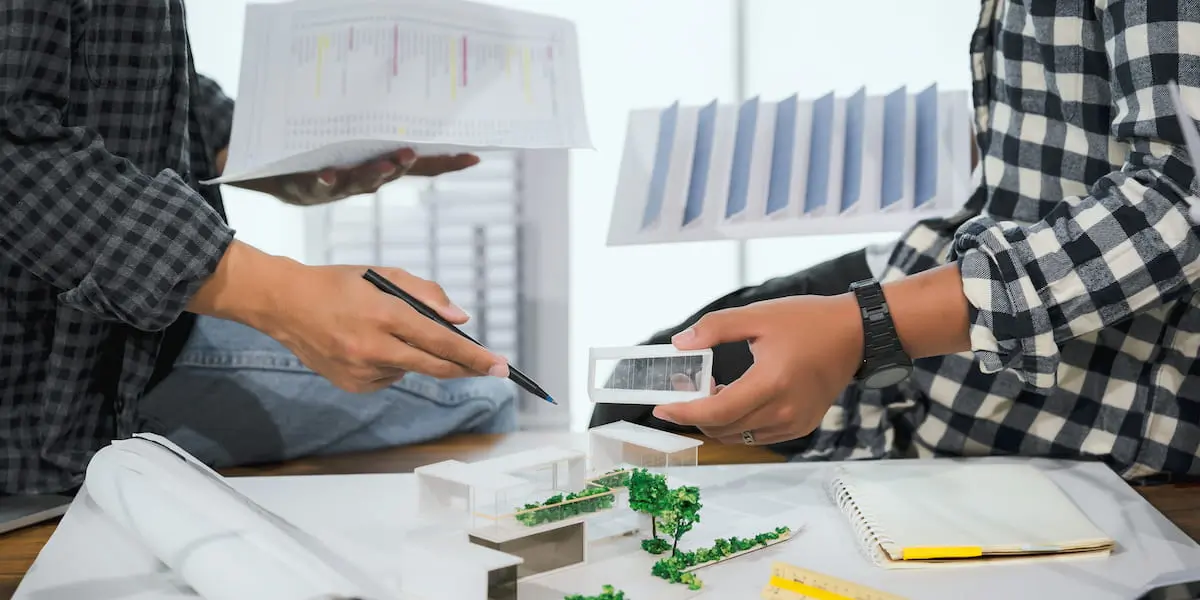 Two designers sit holding prototypes and models of sustainable product design, including miniature trees.